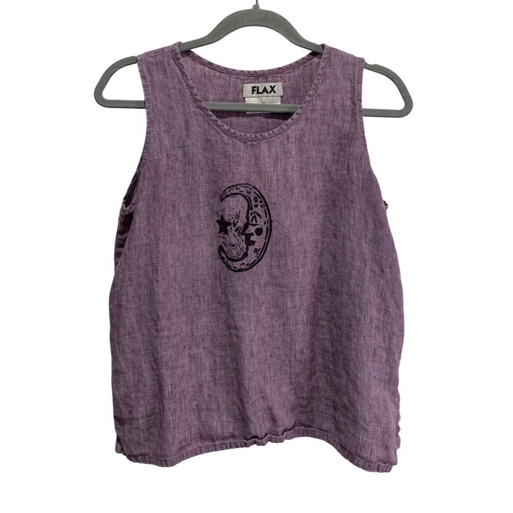 FLAX Purple 100% Linen Moon Star Graphic Sleeveless Tank Top Small